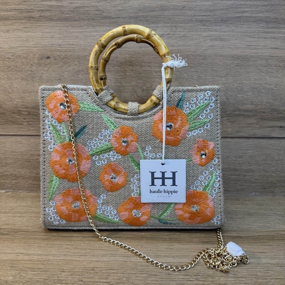 NWT Haute Hippie Embroidered Orange Floral Rectangle Straw Hand Bag Purse Viral